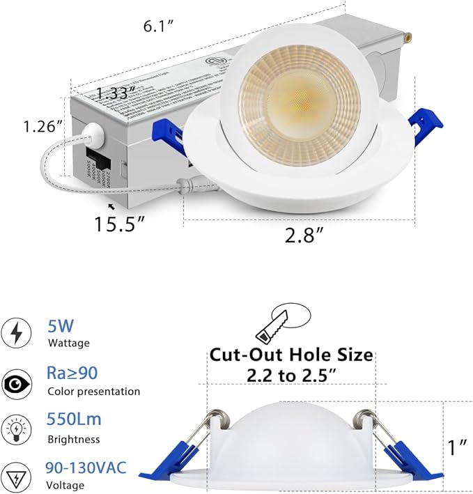 Adetu 2 Inch 5CCT Gimbal Led Recessed Lighting with Junction Box, 360°+90° Adjustable Recessed Can Lights, 2700K/3000K/3500K/4000K/5000K Selectable, 5W Eqv 50W, 550LM Brightness - ETL (White,6 Pack)