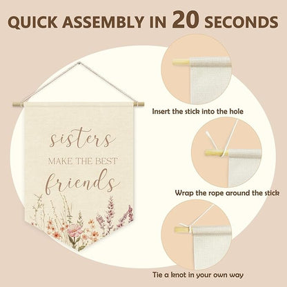 Girls Room Decor, Sisters Make the Best Friends Linen Canvas Banner, Wildflower Nursery Wall Hanging Pennant Flag Banner for Girls Kids Toddler Room Bedroom Dorm Decor, 15x11in