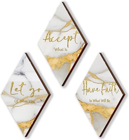 ONIZHITY 3 Pcs White Gold Bathroom Decor White Gold Wall Decor with Accept Let Go Have Faith Quote Rustic Vintage Farmhouse Wooden Hanging Signs for Home Living Room Bedroom Office(12x7 Inches)