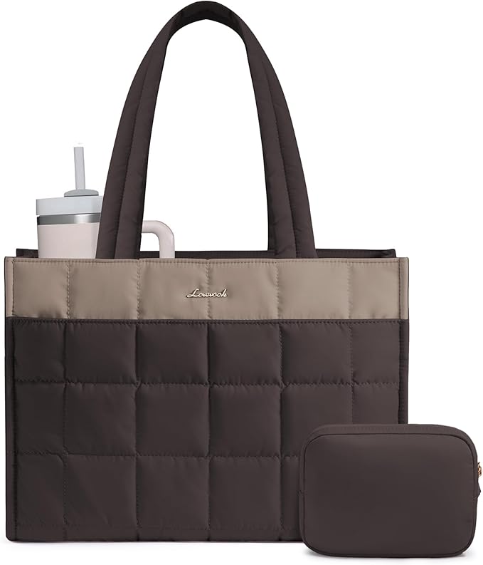 LOVEVOOK Tote Bag for Women, Puffer Work Handbag 15.6 Inch Laptop Purse for Nurse Teacher, Large Quilted Travel Tote Shoulder Bag with Zipper for College Office Clinical Gym, Khaki-coffee