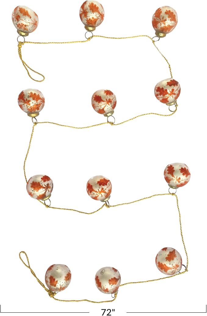 Creative Co-Op Etched Mercury Glass Ball Ornament Garland with Gold Cord, Matte Silver Finish and Coral Color