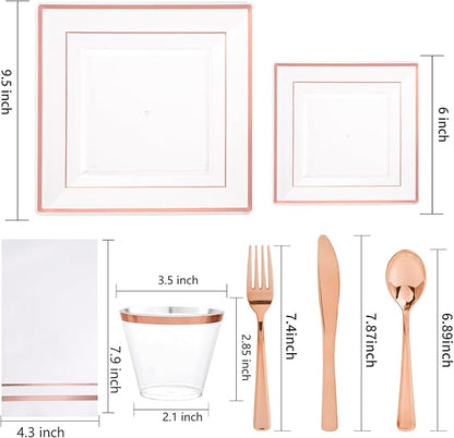 Festiva 350Pcs Rose Gold Plastic Plates - Clear Rose Gold Disposable Dinnerware Sets for 50Guests include 100 Plates 50 Cups 50Plastic Cutlery 50Napkins for Christmas Party&Wedding&Mother's Day