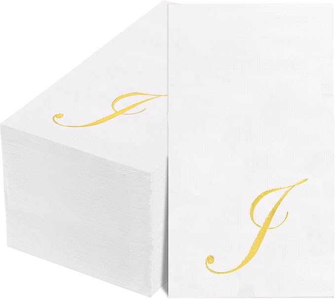 BUCLA 100PCS Gold Monogram Paper Napkins Letter J - Disposable Paper Napkins Elegant Metallic Golden Foil Gold Paper Napkin for Wedding, Birthday Party&Thanksgiving