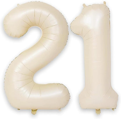 Beige 21st Birthday Balloons Number 21, 40 Inch Large Foil 1 & 2 Numbers Balloons for 21 Year Old Boys Girls, Cream Giant Helium Balloon for Women Men 21st 12th Birthday Anniversary Party Decorations