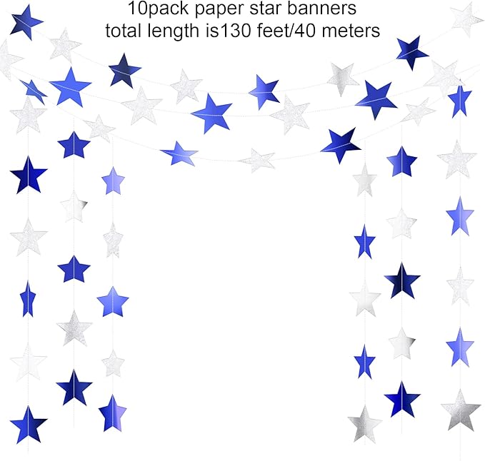 Patelai Glitter Star Garland Banner Christmas Decor 130 Feet Star Hanging Bunting Banner Twinkle Backdrop for Homecoming Classroom Wedding Birthday Halloween Party Supplies(Ocean Blue, Glitter Silver)