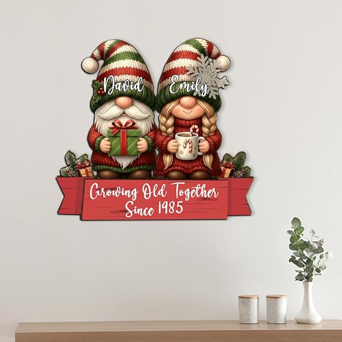 Growing Old Together Gnomes Wooden Plaque, Personalized Gifts for Him Her Husband Wife, Custom Wood Sign Anniversary Couples Gift, Christmas Gift For Parents, Grandparents Decorations Sign 25