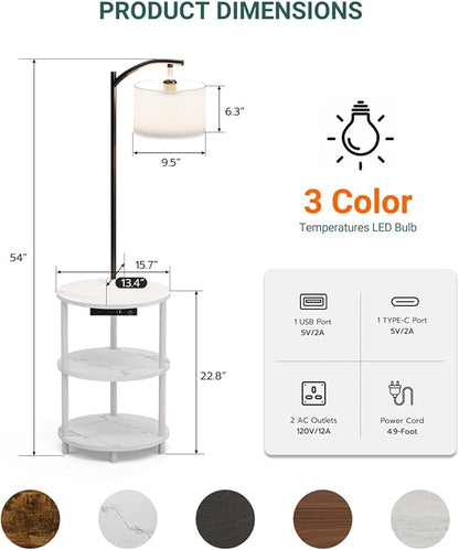 Round Side Table with Lamp and USB Ports, 3-Tier Small End Table for Living Room & Bedroom, Rustic Wood Metal Nightstand for Small Spaces, Easy to Assemble, Marble White