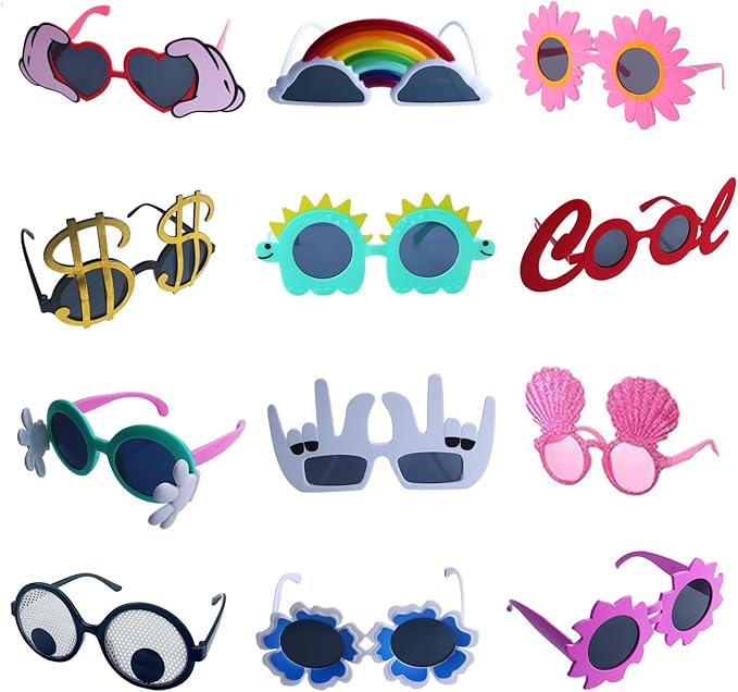 Funny Party Sunglasses - 12 Pack Novelty Glasses, Cool Party Masks, Summer Party Favors, Funny Photo Booth Props, Crazy Sunglasses for Adults & Teens