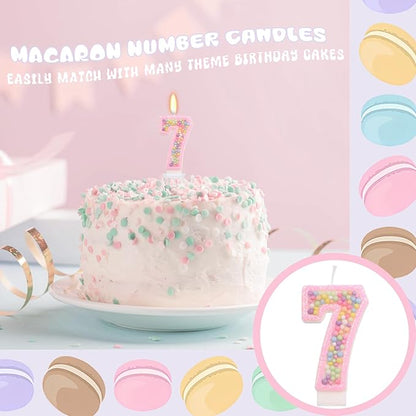 Pink Birthday Candles - Number 7 Candle, Colorful Macaron Candles for Preppy Smiley Face Party Decorations, Sweet Theme Birthday Party Supplies