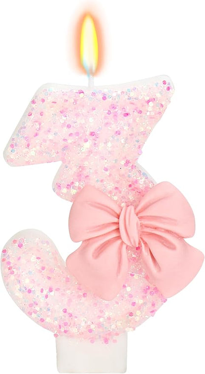 Birthday Candle for Cake, 3 Candle - Pink Glitter with Bowknot, 2.76 inch Happy Birthday Candle, Cake Topper Decoration for 3 Years Old Birthday Party (Number 3)