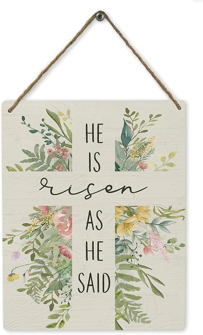 Mtrgdn Easter Religious Decoration He Is Risen As He Said Wood Wall Hanging Tags,Easter Cross Spring Decor Flower Wooden Hanging Plaque Sign,Wall Decor for Front Door Home,8×10 Inch