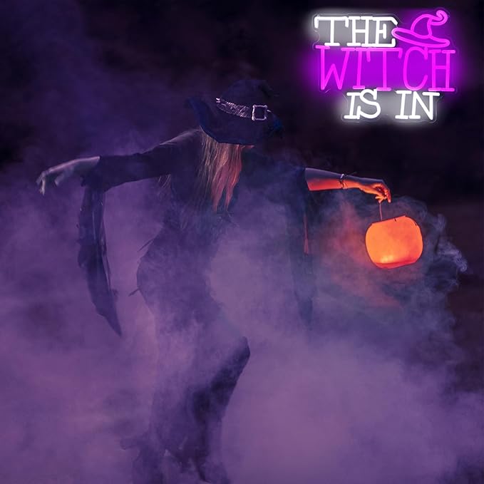 The Witch Is In Neon Signs for Wall Halloween Decor - Witch Hat Neon Light Purple Dimmable LED Sign Gothic Lamp for Haunted Mansion House Party Decor