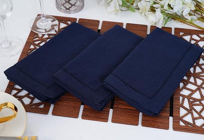 Blue Needles Navy Blue Hemstitch Linen Napkins Set of 12-100% Cotton Cloth Dinner Napkins 18x18 inches, Soft, Reusable, Absorbent, Washable Ideal for Fall Thanksgiving Events, Parties & Everyday Use