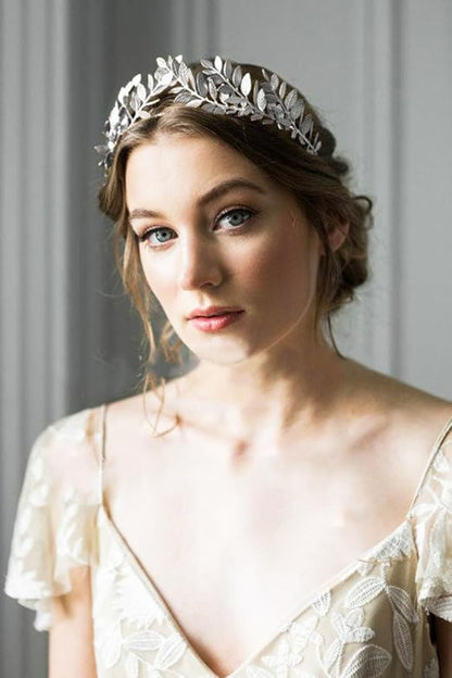 Chargances Handmade Bridal Wedding Crown Leaf Headband Women Leaf Tiara Headpiece Weeding Hair Accessories Leaf Headpiece Jewelry for Women and Girls(Silver)