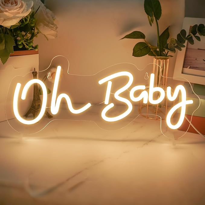 Oh Baby Neon Sign for Backdrop, 16.5”x 6.9” Dimmable Led Light up Sign for Baby Shower - Gender Reveal Birthday Party Decorations - Warm White
