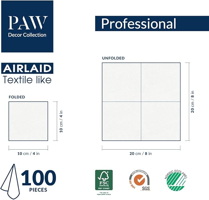 PAW - 100-Pack Disposable Linen-Feel Cocktail Napkins 4" x 4", Gray Premium Paper Napkins for Parties, Elegant Cloth-Like Beverage Napkins For Bars, Restaurants, Made in Europe