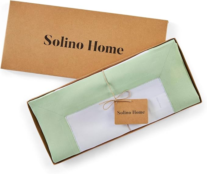 Solino Home Linen Table Runner 108 Inches Long - 100% Pure Linen Light Green and White Dining Table Runner 14 x 108 Inch - Contempo