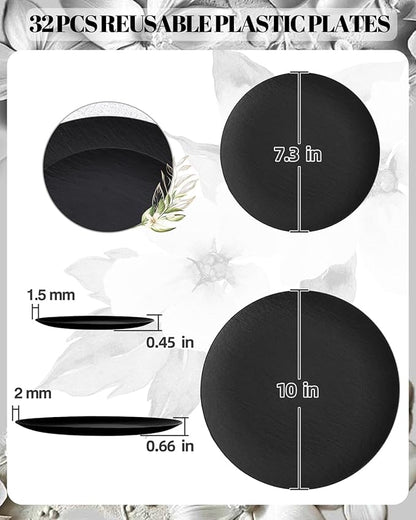 WONDERFUL 32pcs Black Plates Black Plastic Plates Unbreakable and Reusable Plastic Plate Dishwasher safe Dishes Set Includes:16 Dinner 10" & 16 Dessert Plate 7.3" Suitable for Christmas New Year