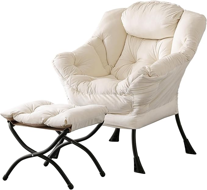 LITA Lazy Chair with Ottoman, Modern Accent Leisure Upholstered Sofa Chair, Contemporary Lounge Reading Chairs with Armrests and a Side Pocket for Living Room, Bedroom & Small Space, Beige