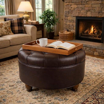 Homepop Home Decor | Button Tufted Faux Leather Round Storage Ottoman | Ottoman with Storage for Living Room & Bedroom (Distressed Brown)