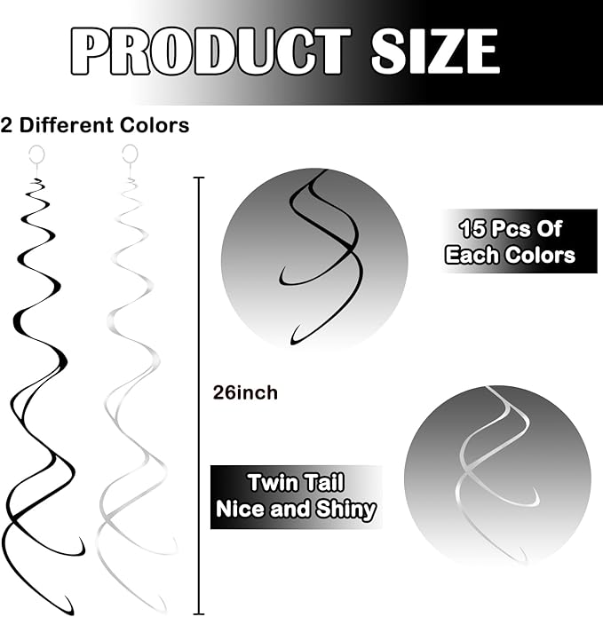 30pc Hanging Swirl Decorations Black and Silver Party Streamers for Ceiling 24" Swirl Spiral Decorations