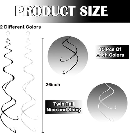 30pc Hanging Swirl Decorations Black and Silver Party Streamers for Ceiling 24" Swirl Spiral Decorations