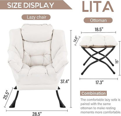 LITA Lazy Chair with Ottoman, Modern Accent Leisure Upholstered Sofa, Contemporary Lounge Reading Chair with Armrests and a Side Pocket for Living Room, Bedroom & Small Space, Beige
