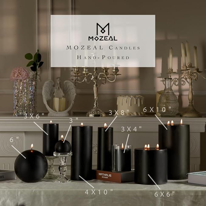 MOZEAL 4" x 12" Extra-Large Black Pillar Candles (Set of 2), Unscented,Dripless, Smokeless,Long Clean-Burning,These Tall 12 inch Large Black Pillar Candles Perfect for Halloween and Fall Decor