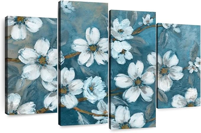 ElephantStock Blossoms Of Evening Wall Art - Horizontal Canvas - 4-Piece Living Room Wall Decor - Blossom Painting Canvas Print - Blue and Gray Decor for Wall by Carol Robinson - 30" X 18"