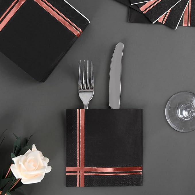 Rose Gold on Black Cocktail Napkins - 100 Pack, 5" x 5", 3-Ply Paper - Style Name: Blissful Crossing