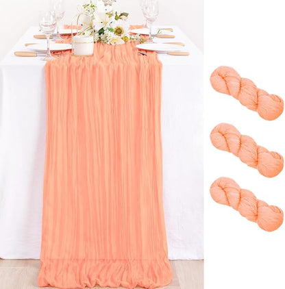 MLMC 3 Pack Peach Cheesecloth Table Runner 10ft Rustic Gauze Cheese Cloth Table Runner 35x120 Inches for Wedding Bridal Baby Shower Party Decor