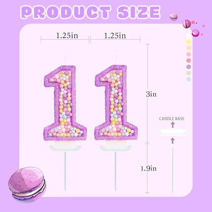Purple Birthday Candles - Number 11 Candle, Colorful Macaron Candles, 11 Birthday Decorations for Girls, Purple Cake Decorations, Theme Party Supplies