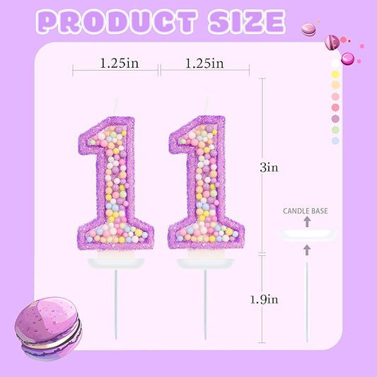 Purple Birthday Candles - Number 11 Candle, Colorful Macaron Candles, 11 Birthday Decorations for Girls, Purple Cake Decorations, Theme Party Supplies