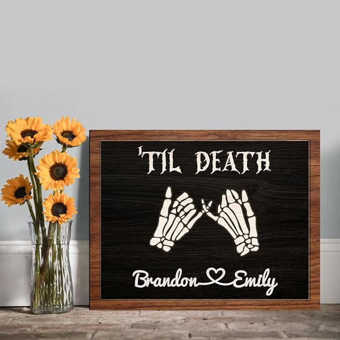 Personalized Couple Skeleton Wooden Sign, Ghost Couple Gift, Halloween Skeletons Wedding Frame Sign, Til Death Sign, Gothic Decor, Wood Sign Gifts for Birthday Valentine Engaged Bridal Party a8