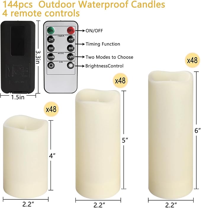 144-Pack LED Flameless Flickering Candles with Remote Control and 2/4/6/8 H Timer Led Pillar Candles of Wedding, Table, Halloween,Christmas Decorations and Special Occasions (Three Sizes)