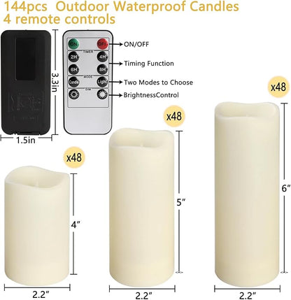 144-Pack LED Flameless Flickering Candles with Remote Control and 2/4/6/8 H Timer Led Pillar Candles of Wedding, Table, Halloween,Christmas Decorations and Special Occasions (Three Sizes)