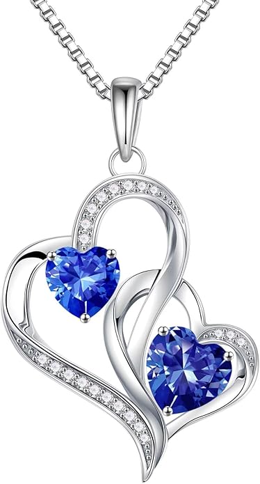 Iefil Christmas Gifts for Women - Double Heart Birthstone Necklace, 925 Sterling Silver Heart Pendant Necklace, Anniversary Birthday Gifts for Women | Personalized Jewelry Gift for Wife Mom Girlfriend