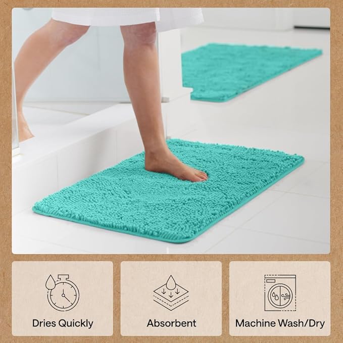 GORILLA GRIP Bath Rug Mat 44x26, Soft Absorbent Chenille, Quick Dry Microfiber Mats, Rubber Backing Washable Shower Floor Rugs, Bathmat Runner, US Designed Bathroom Home Decor Accessories Turquoise