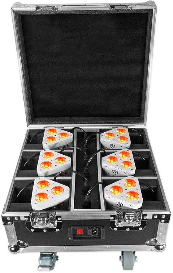 Rockville ROCKWEDGE Package White (6) Battery Wireless Par Lights with Charging Case, 6-in-1 RGBWA+UV, 7500mAh Battery, DMX Control, 6500 Lux Brightness, for DJs and Event Planners