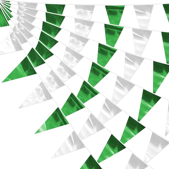 65FT Green Silver Glitter Triangle Pennant Banner Flag Metallic Bunting Fabric Garland for Christmas Graduation Wedding Engagement Anniversary Bachelorette Bridal Shower Valentine's Party Supplies