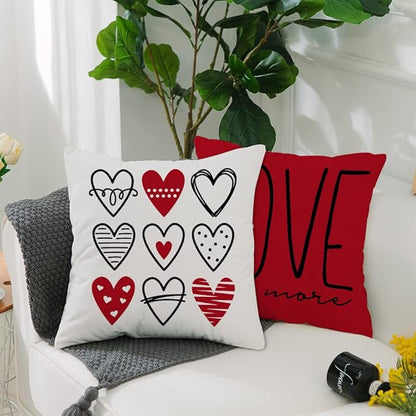 GEEORY Valentine's Day Pillow Covers 18x18 Set of 4 - Red Heart Love You More Decorative Throw Pillows for Valentine's Decor