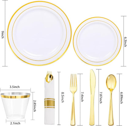350Piece Gold Dinnerware Set for 50 Guests - Gold Plastic Plates with Disposable Cutlery Include:50Dinner Plates-50Dessert Plates-50Pre Rolled Napkins with Silverware for Christmas