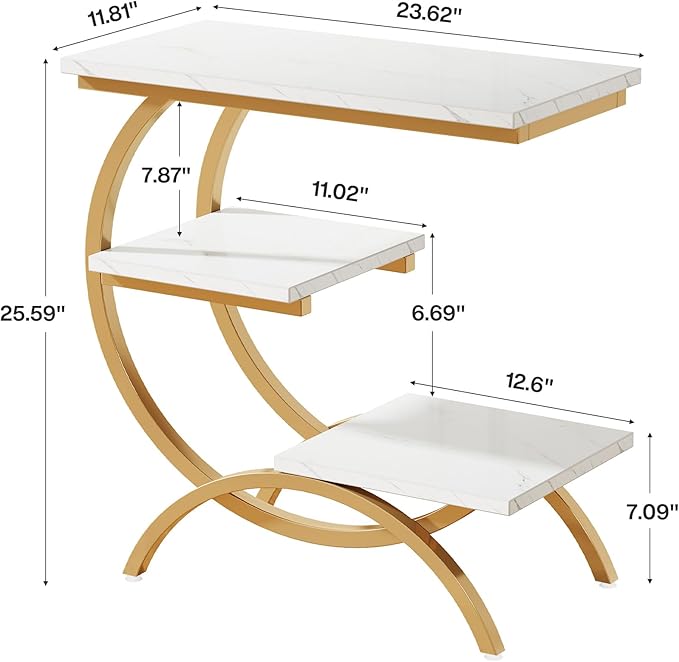 Tribesigns C-Shaped End Table, Industrial 3-Tier Small Side Table for Couch, Wood Bedside Table Snack Side Table with Storage Shelves for Living Room Small Space, White Gold
