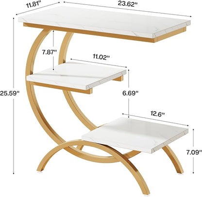 Tribesigns C-Shaped End Table, Industrial 3-Tier Small Side Table for Couch, Wood Bedside Table Snack Side Table with Storage Shelves for Living Room Small Space, White Gold