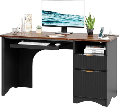 Bestier Computer Desk with Keyboard Tray, 55 inch Office Desk with Power Outlet, Modern Home Office Desk with File Drawer (Walnut with Black, 55" W with Single-Sided Drawers)