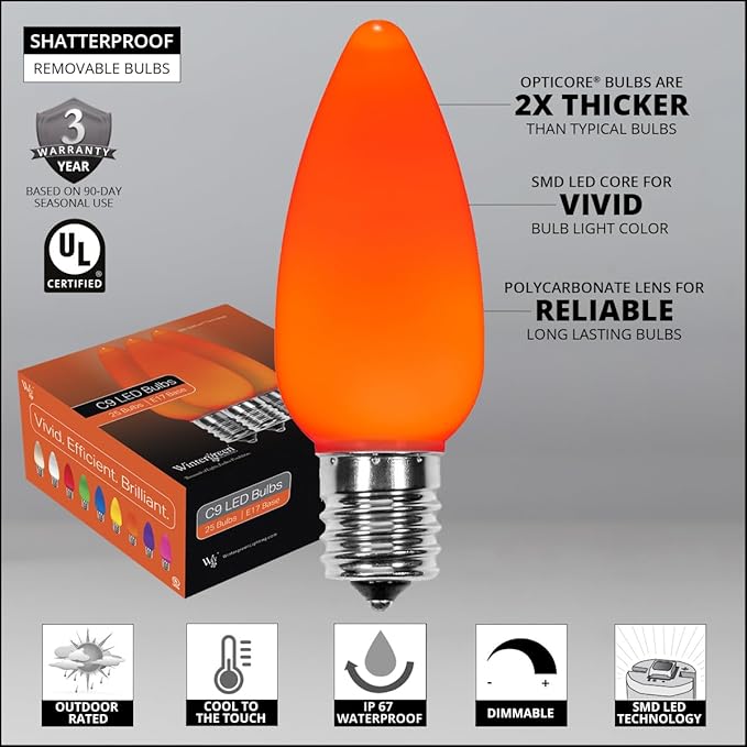 Wintergreen Lighting C9 OptiCore LED Commercial Outdoor Christmas Lights – Heavy Duty Christmas String Lights; Green Wire (50 Lights, 50 ft, Orange Smooth/Opaque