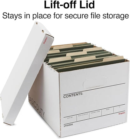 STAPLES Corrugated File Box Lift Off Lid, Letter/Legal Size, White/Black, 10/Pack