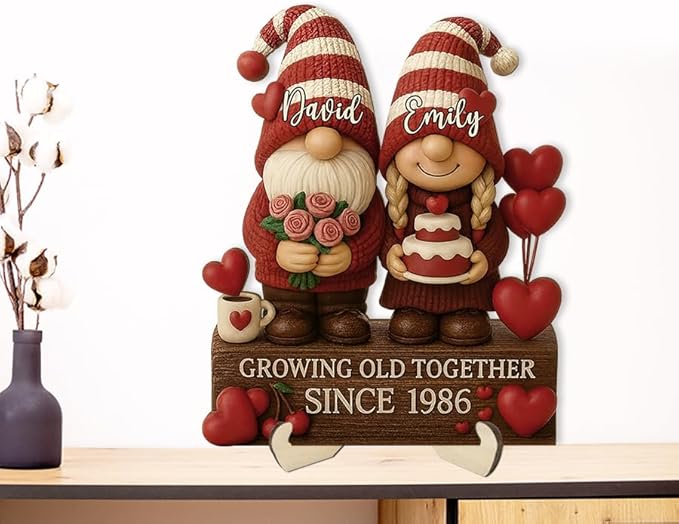 Growing Old Together Gnomes Wooden Sign, Valentine Gifts for Him Her Wife Husband, Custom Wood Plaque Anniversary Cute Couples Gift, Christmas Gift For Parents, Grandparents Decorations Sign 36