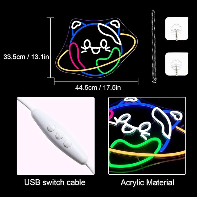 Lucunstar Planet Cat Neon Sign Cute Neon Light Signs for Wall Decor Cat LED Lights USB Connectivity Adjustable Brightness Earth Decor for Home Wall Bedroom Pet Shop Gifts for Geography Lover