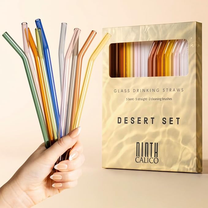 10 Pcs Reusable Glass Drinking Straws, Colorful and Durable Glass Straws for Beverages, Smoothies, Iced Coffee, Juice, Set of 10-5 Straight, 5 Bent, 2 Cleaning Brushes (Desert Set)
